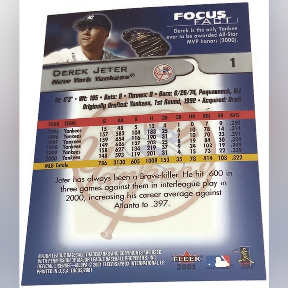 DEREK JETER 2001 FLEER FOCUS BASEBALL CARD #1 NY NEW YORK YANKEES MLB HOF, Rare - Picture 4 of 4